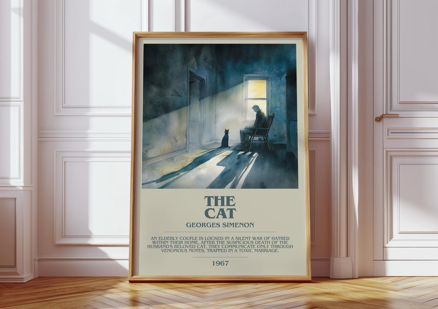 The Cat bookish print in frame leaning in hallway – literary fiction wall art