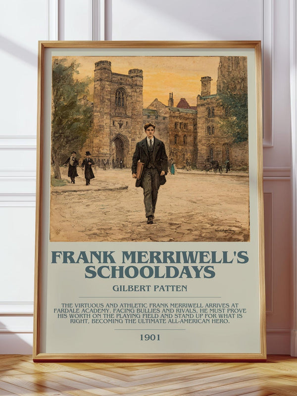 Frank Merriwell's Schooldays bookish print in frame leaning in hallway – classic literature wall art