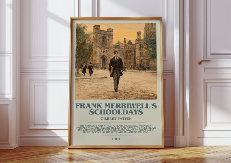 Frank Merriwell's Schooldays bookish print in frame leaning in hallway – classic literature wall art