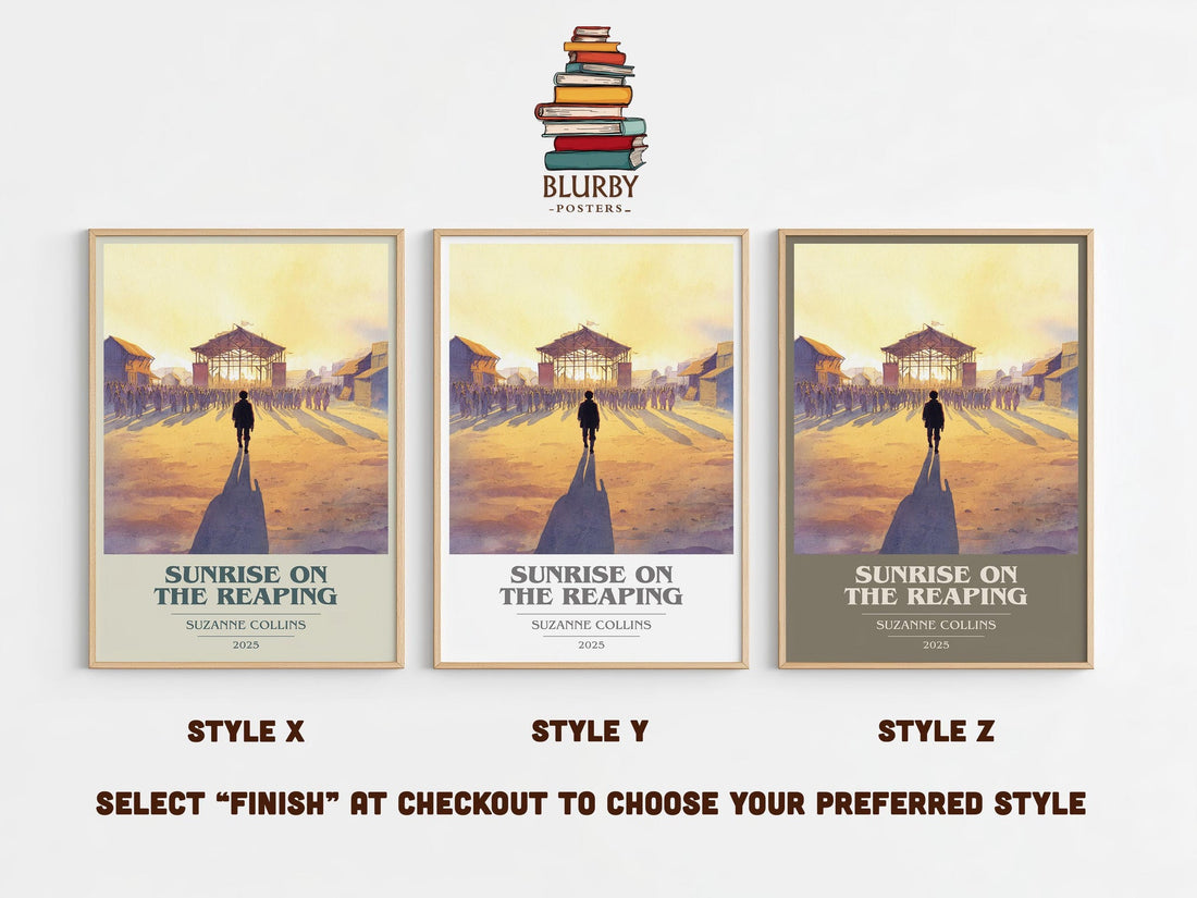 Sunrise on the Reaping book cover print in frame leaning in hallway – dystopian wall art (mockup)