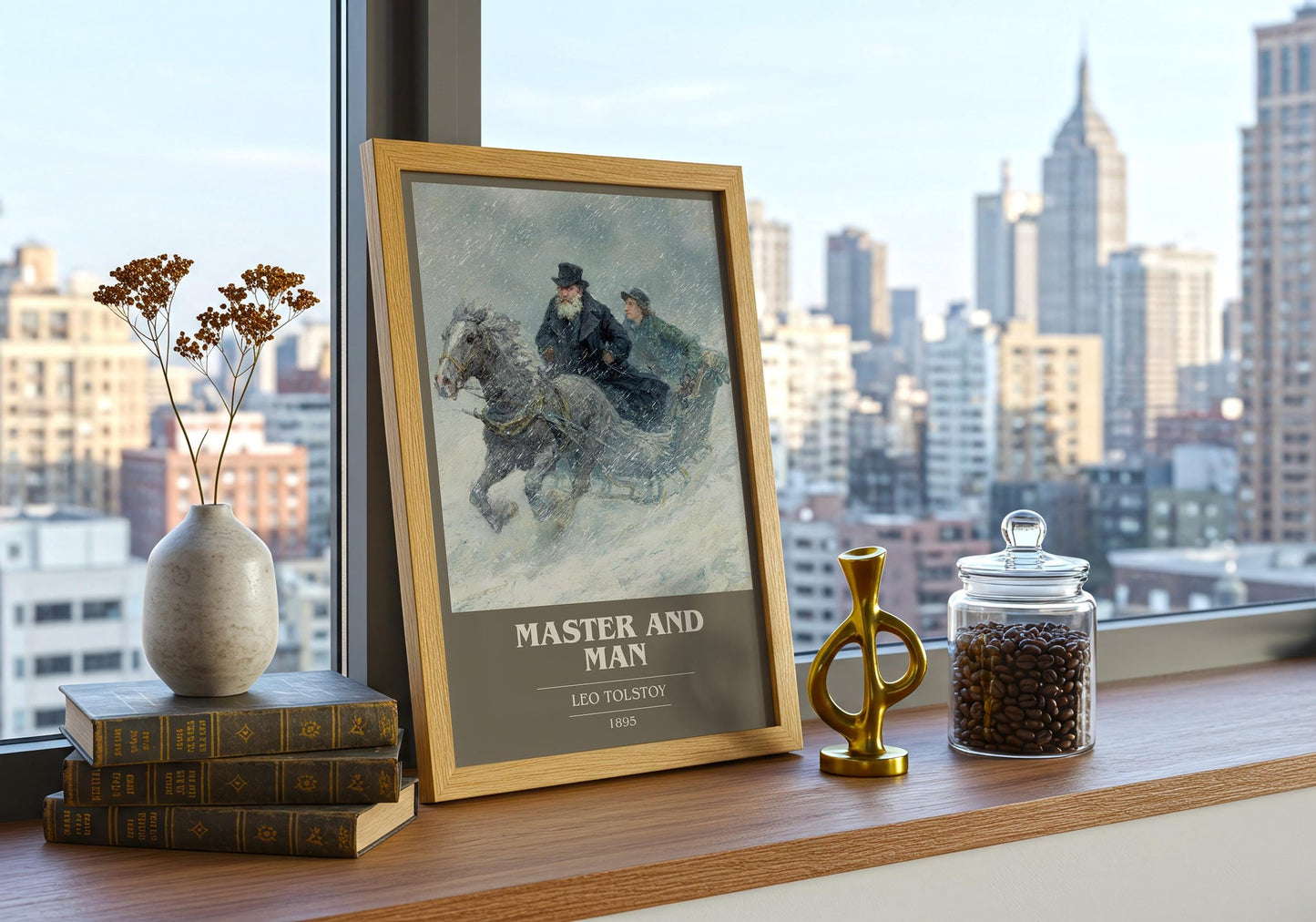 Master And Man book cover print on bookshelf – Leo Tolstoy fan gift