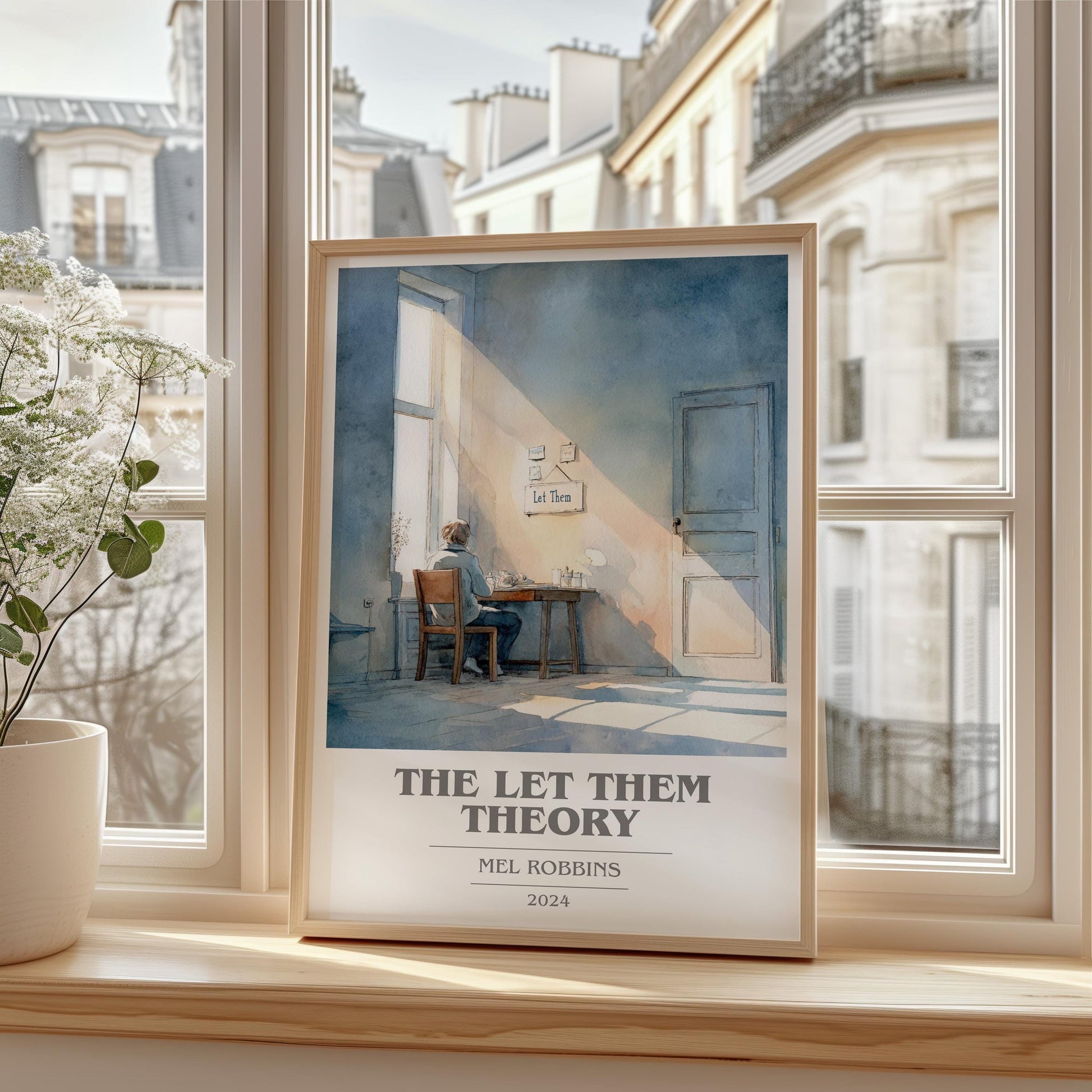The Let Them Theory book cover print framed by window – literary home decor