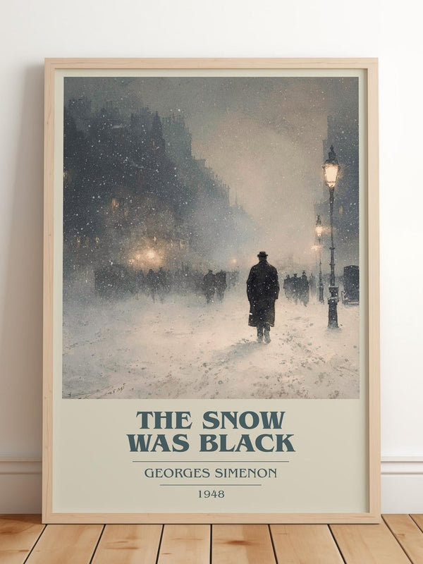 The Snow was Black book cover print in frame leaning in hallway – crime wall art