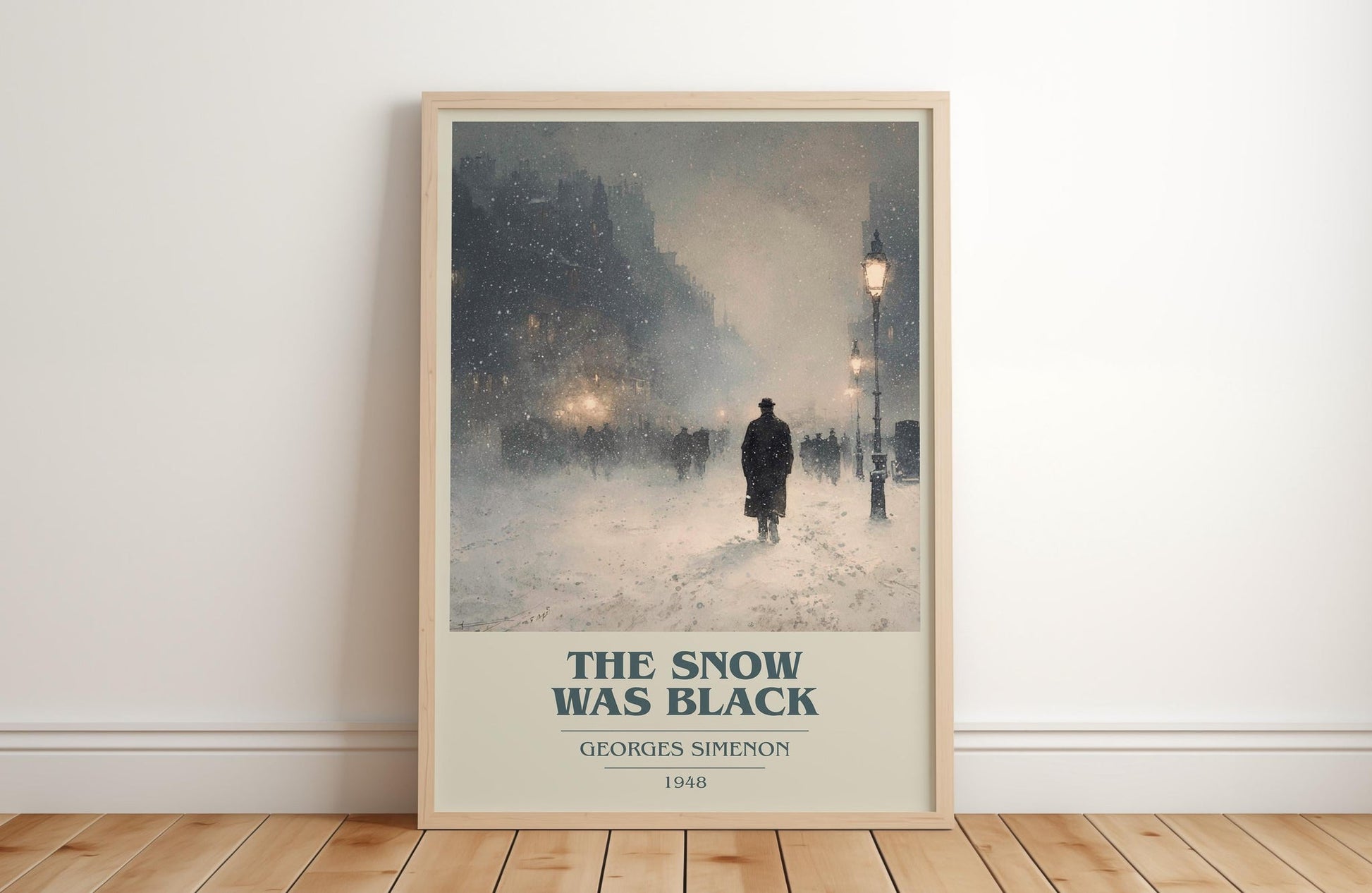 The Snow was Black book cover print in frame leaning in hallway – crime wall art