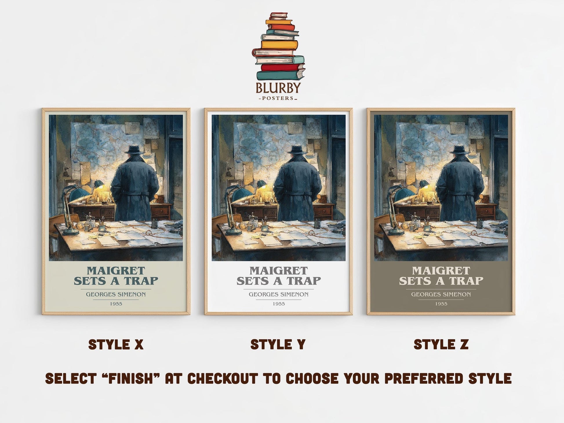 Maigret Sets a Trap book cover poster colour and style options – Georges Simenon book art