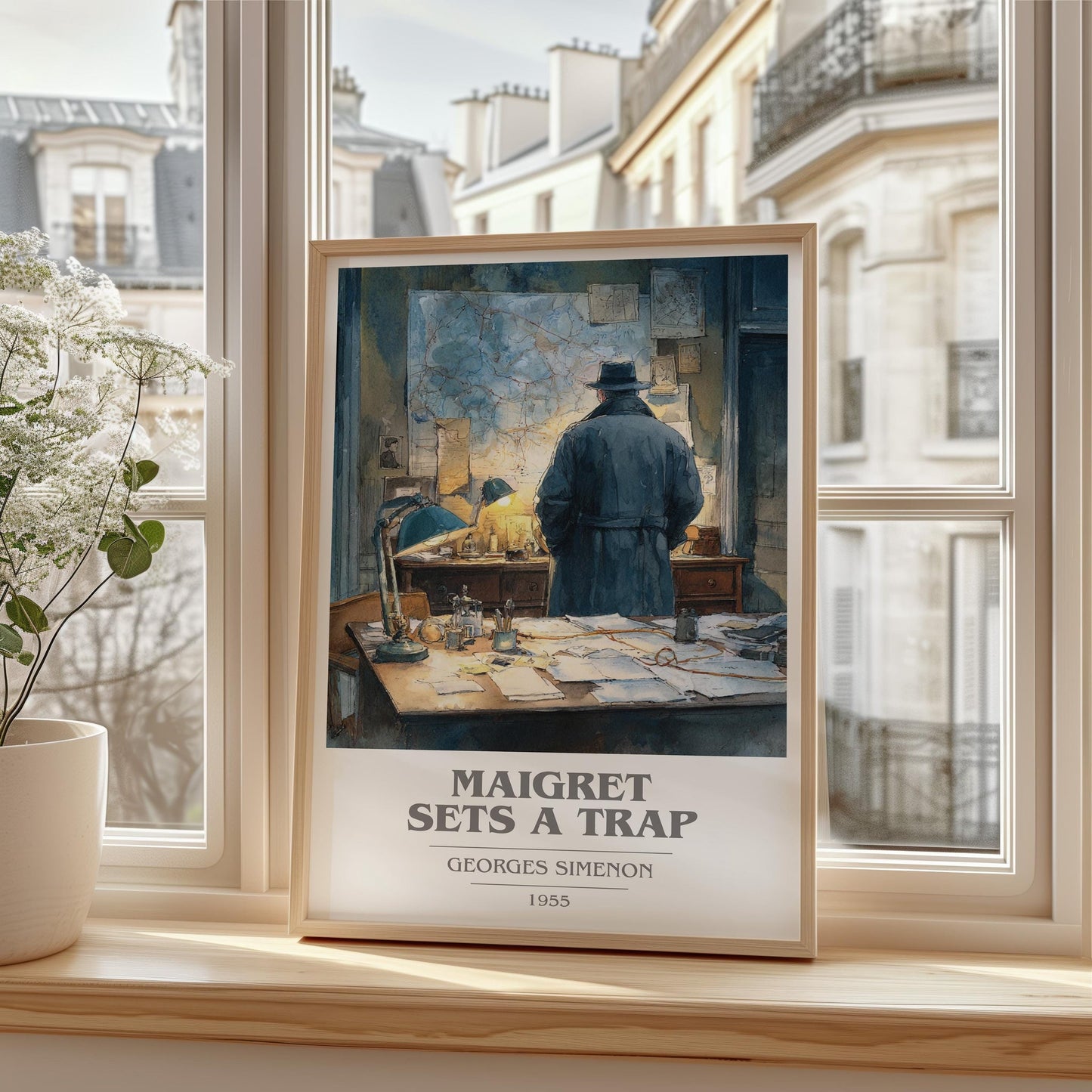 Maigret Sets a Trap book cover print framed by window – literary home decor