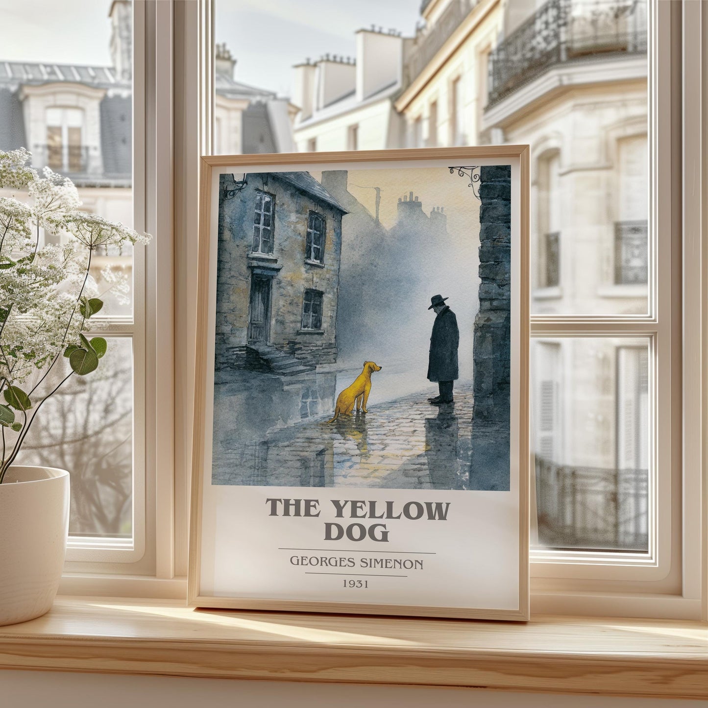 The Yellow Dog book cover print framed by window – literary home decor