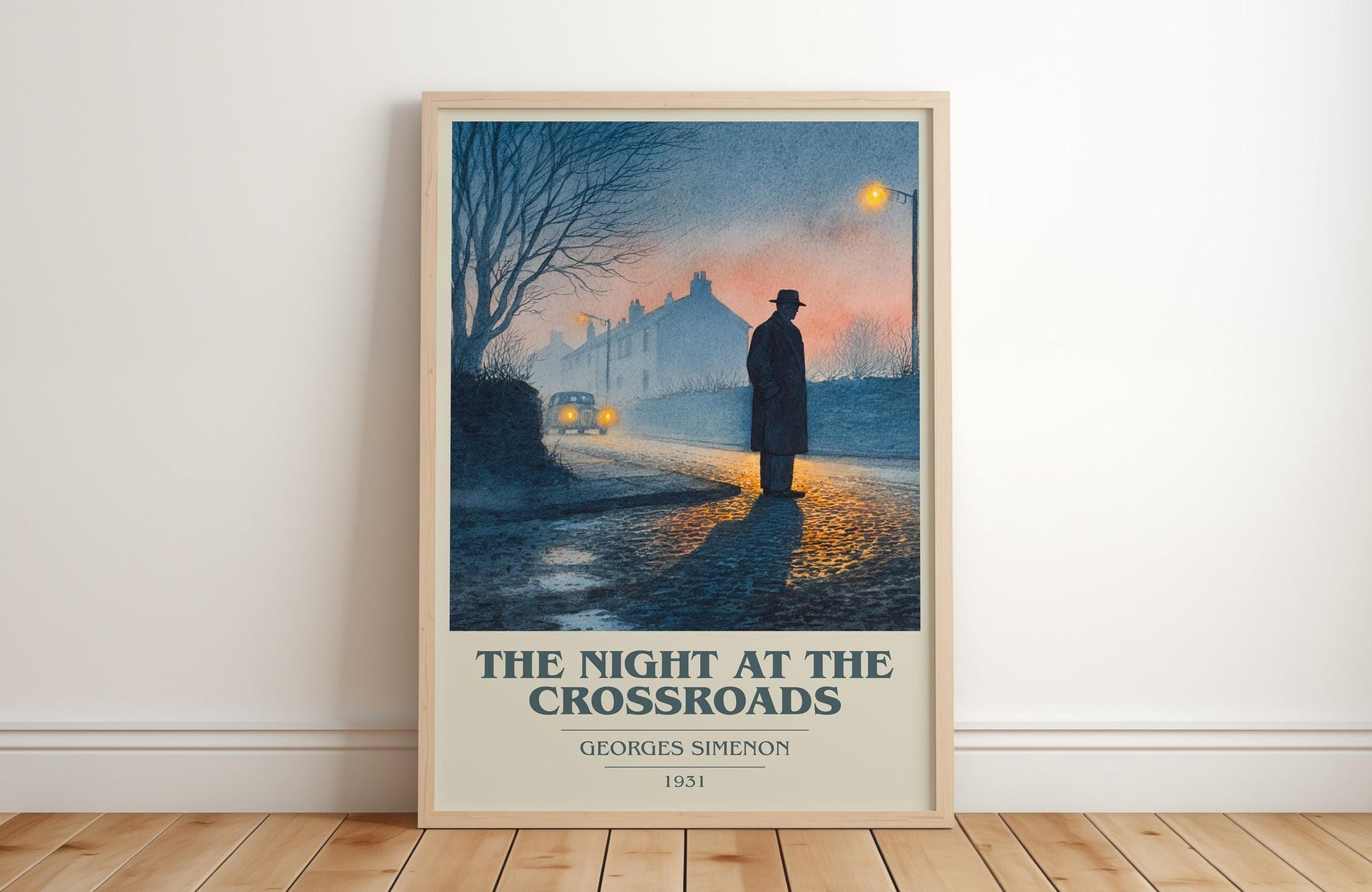The Night At The Crossroads book cover print in frame leaning in hallway – crime wall art