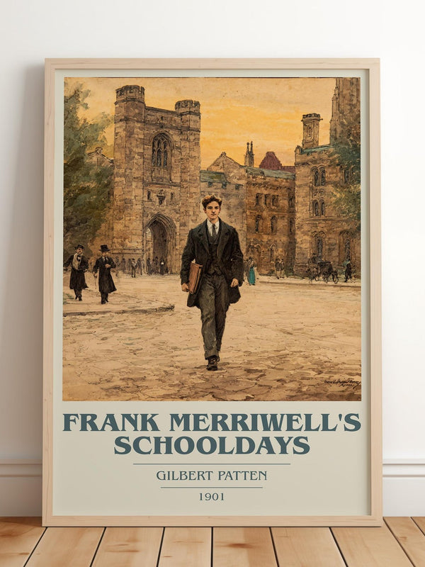 Frank Merriwell's Schooldays book cover print in frame leaning in hallway – classic literature wall art