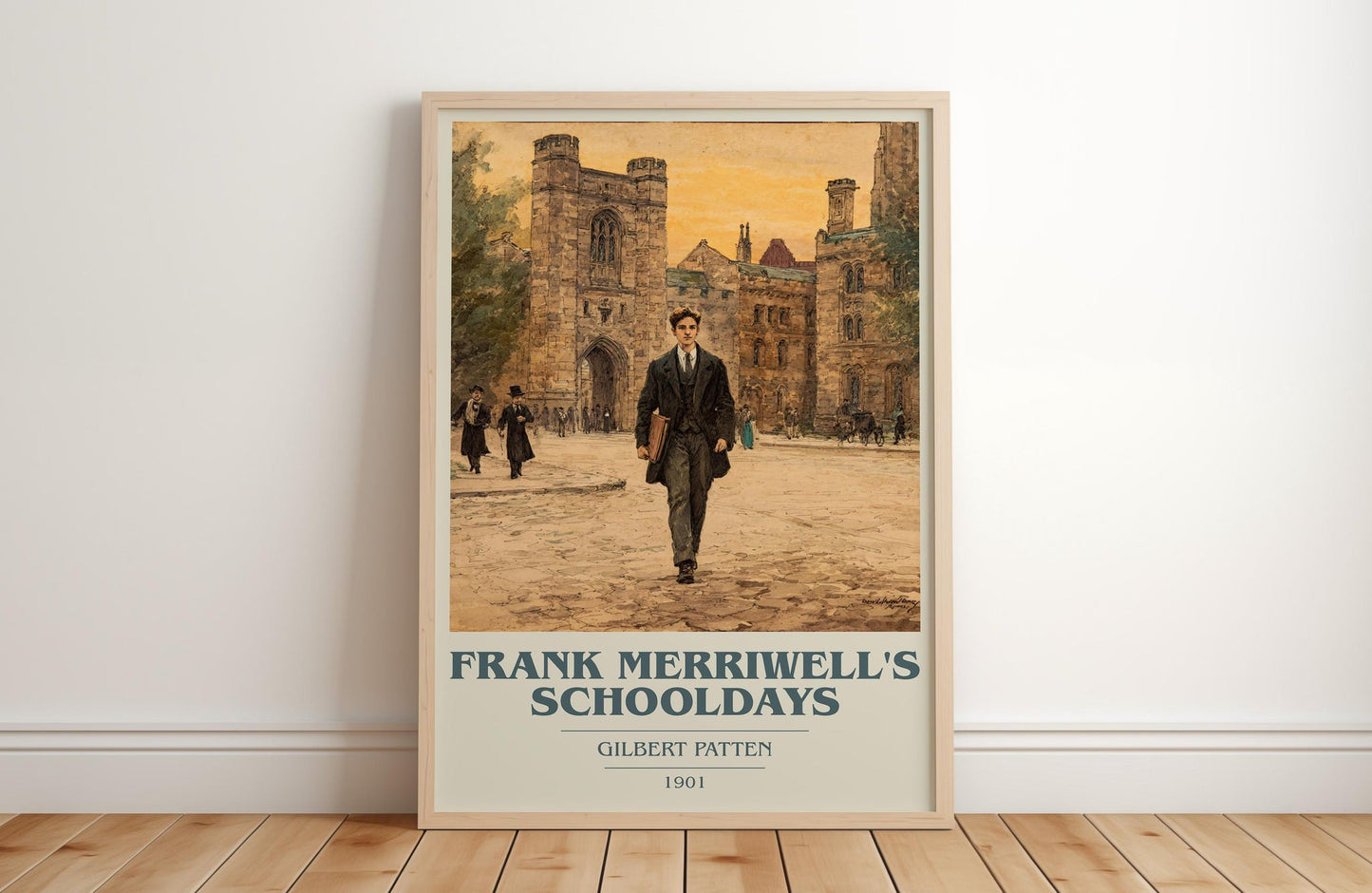 Frank Merriwell's Schooldays book cover print in frame leaning in hallway – classic literature wall art