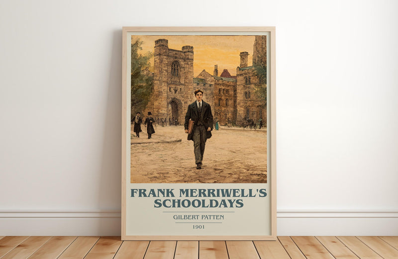 Frank Merriwell's Schooldays book cover print in frame leaning in hallway – classic literature wall art
