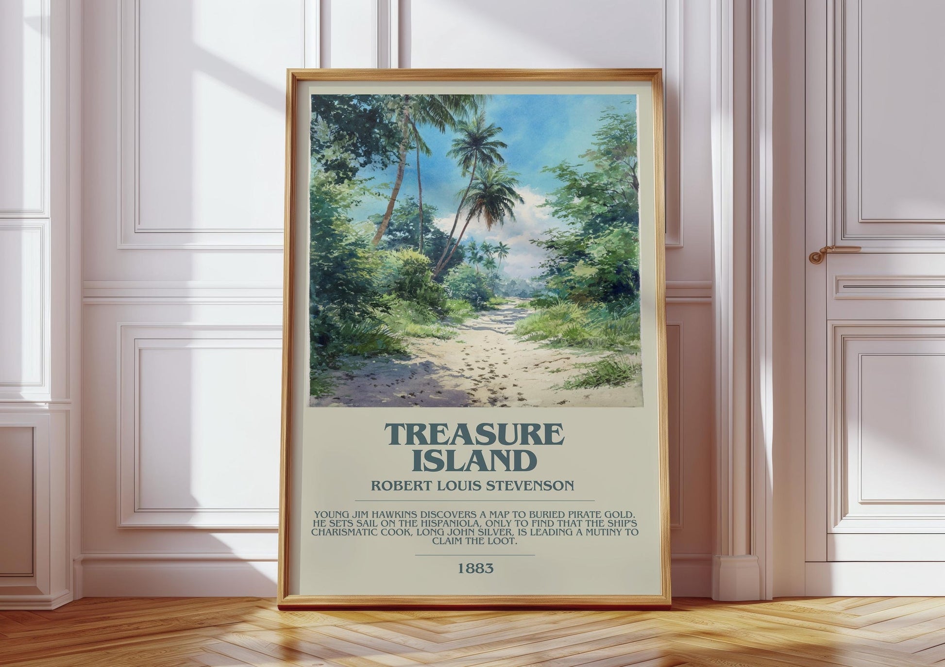 Treasure Island bookish print in frame leaning in hallway – classic literature wall art