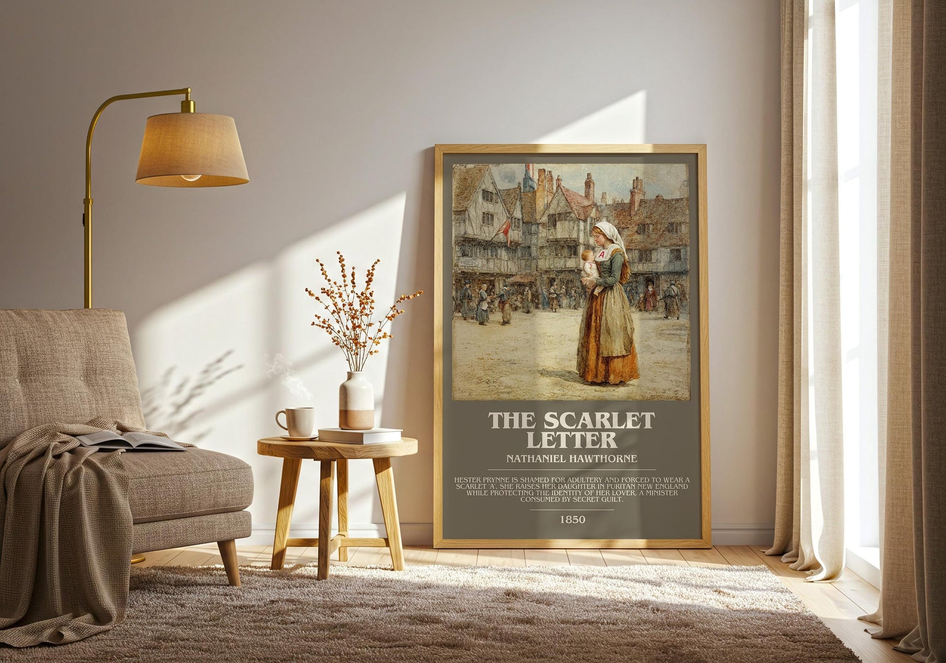 The Scarlet Letter bookish print on bookshelf – Nathaniel Hawthorne fan gift