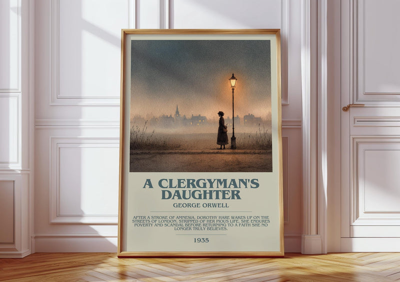 A Clergyman's Daughter bookish print in frame leaning in hallway – historical fiction wall art