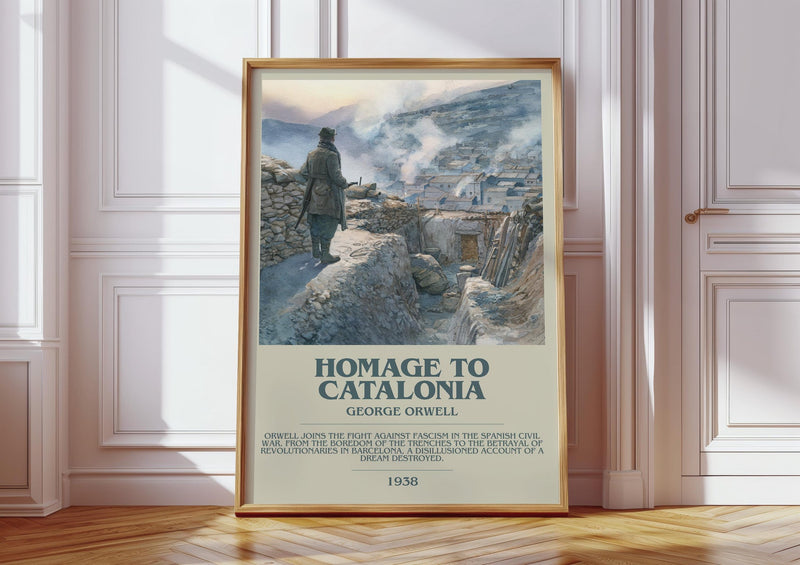 Homage to Catalonia bookish print in frame leaning in hallway – non fiction wall art
