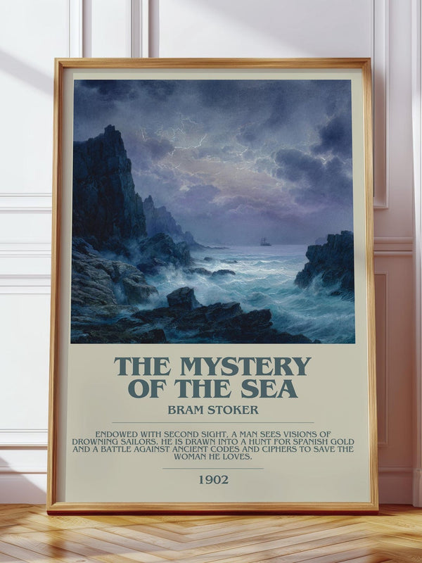 The Mystery Of The Sea bookish print in frame leaning in hallway – historical fiction wall art
