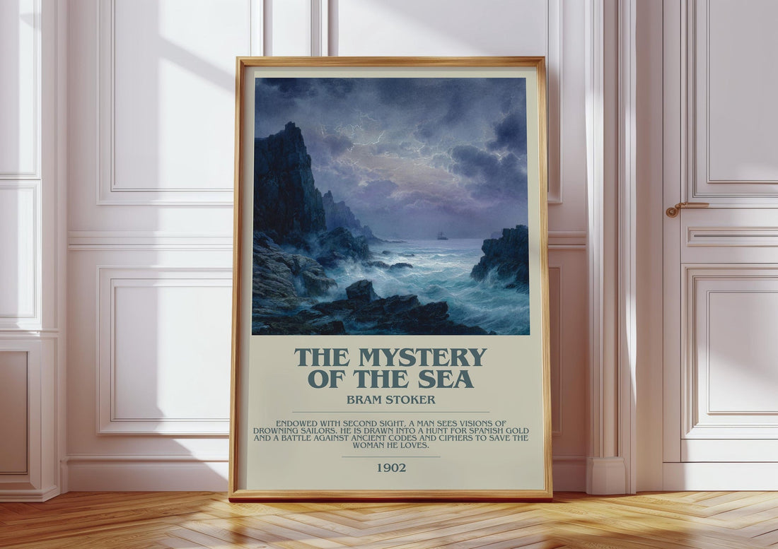 The Mystery Of The Sea bookish print in frame leaning in hallway – historical fiction wall art (mockup)