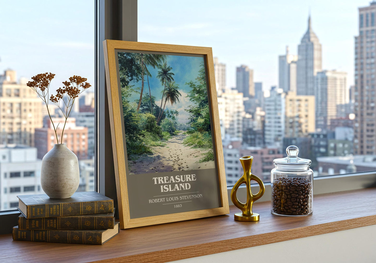 Treasure Island book cover print framed by window – literary home decor