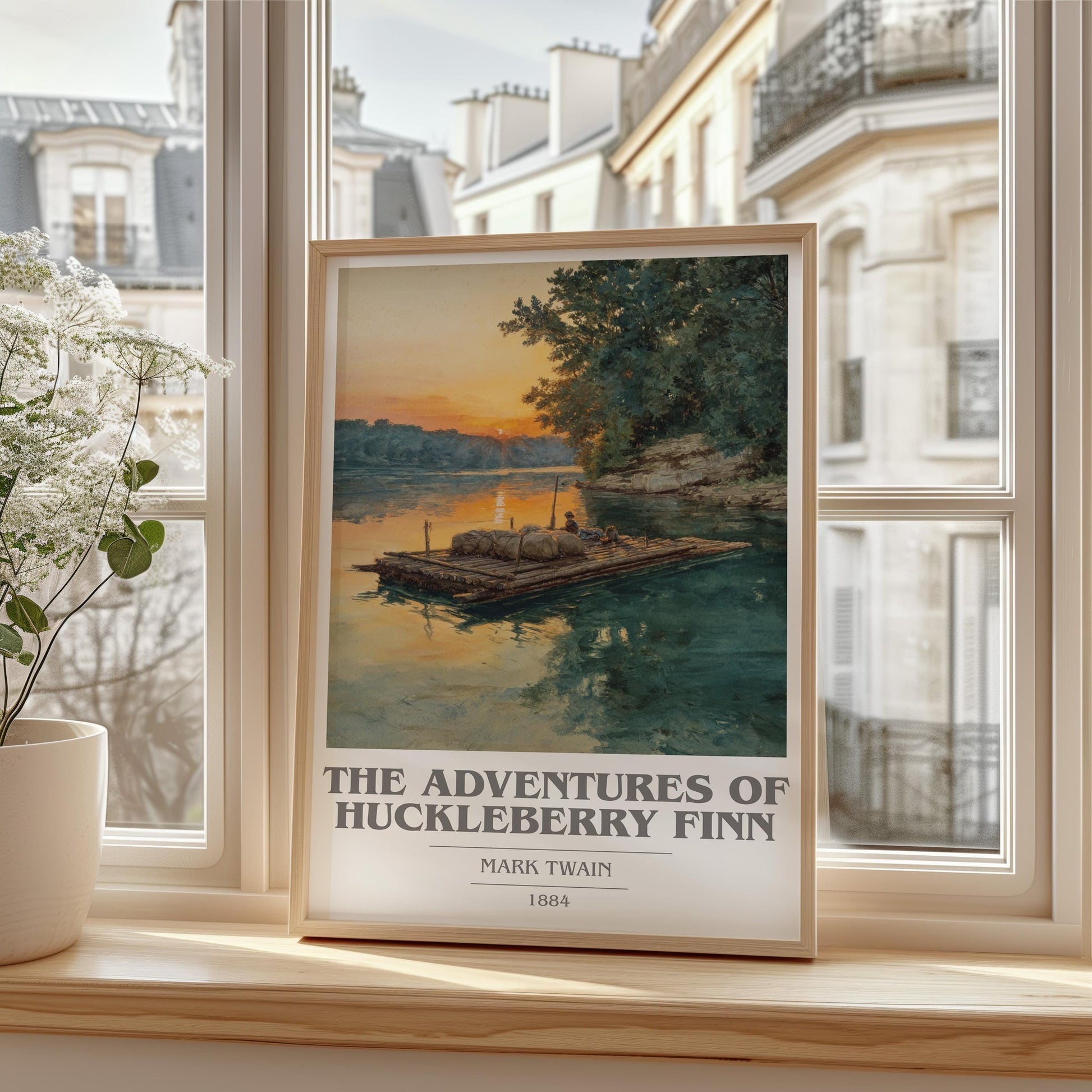 The Adventures of Huckleberry Finn book cover print framed by window – literary home decor