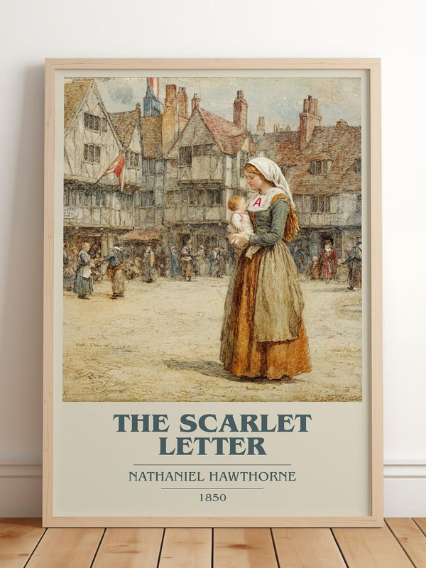 The Scarlet Letter book cover print in frame leaning in hallway – classic literature wall art