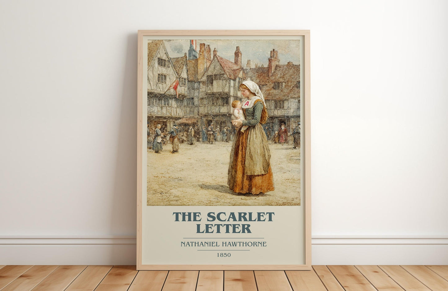 The Scarlet Letter book cover print in frame leaning in hallway – classic literature wall art