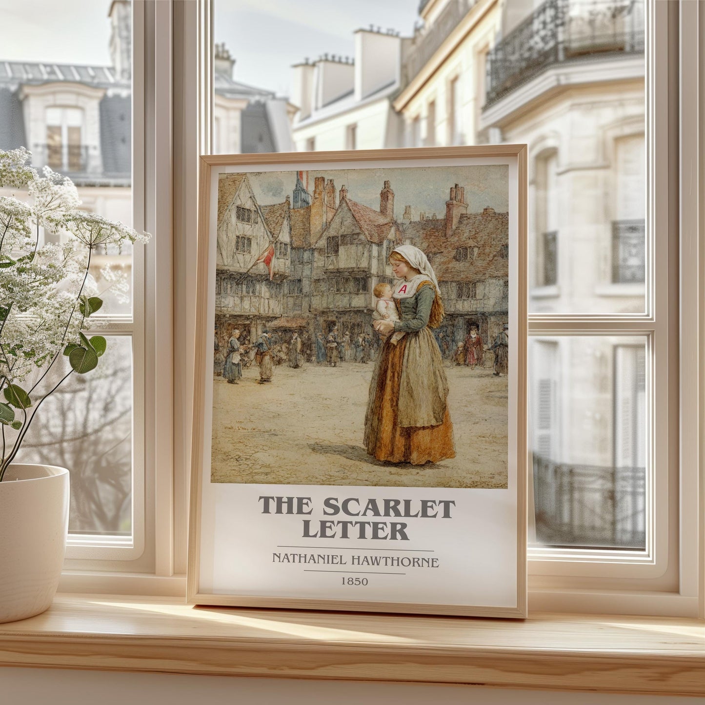The Scarlet Letter book cover print framed by window – literary home decor