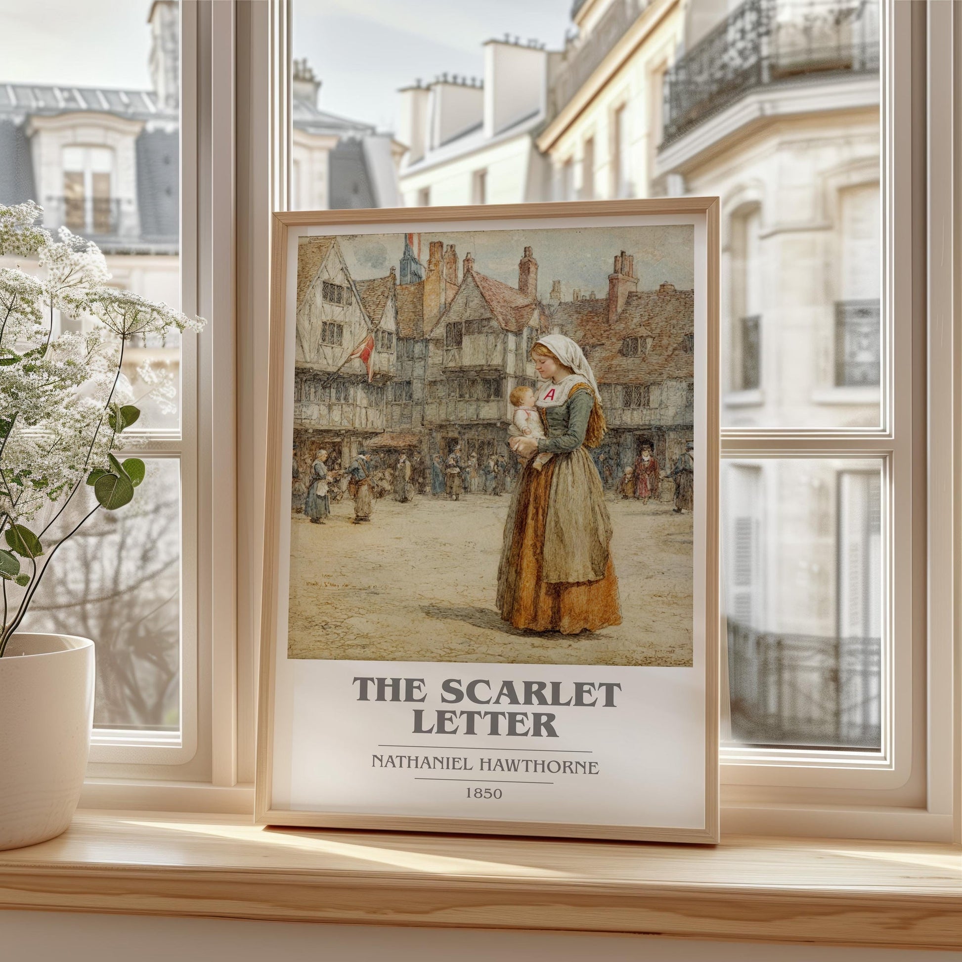 The Scarlet Letter book cover print framed by window – literary home decor