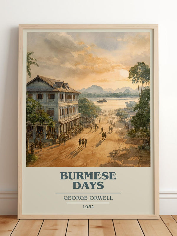 Burmese Days book cover print in frame leaning in hallway – memoir wall art