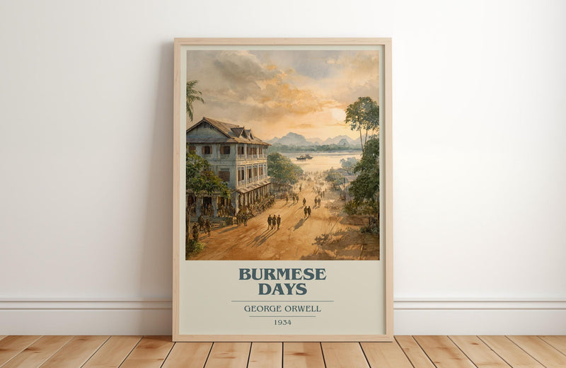 Burmese Days book cover print in frame leaning in hallway – memoir wall art