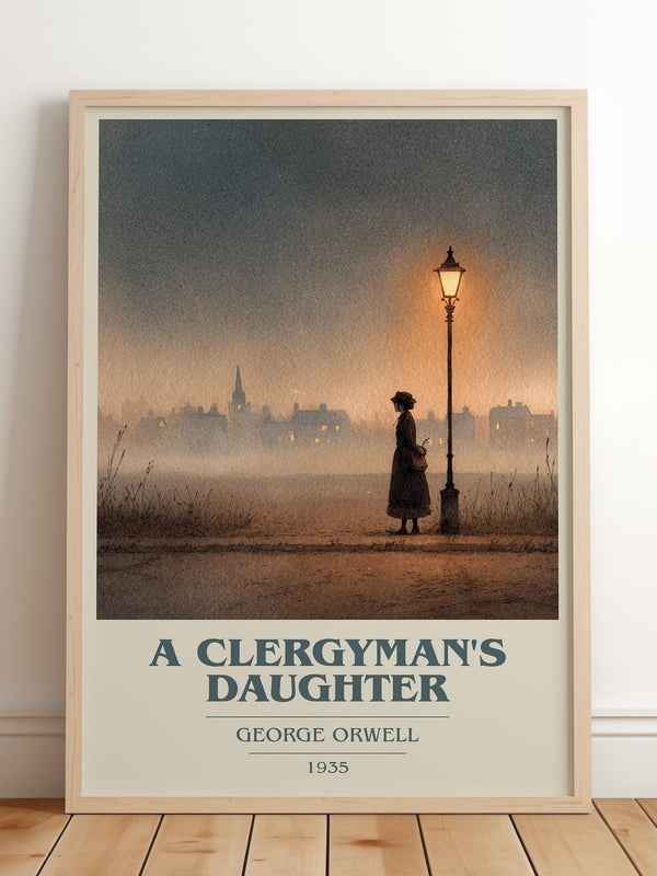 A Clergyman's Daughter book cover print in frame leaning in hallway – historical fiction wall art