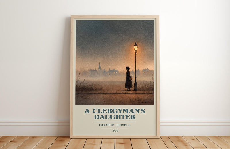 A Clergyman's Daughter book cover print in frame leaning in hallway – historical fiction wall art