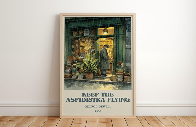 Keep the Aspidistra Flying book cover print in frame leaning in hallway – classic literature wall art