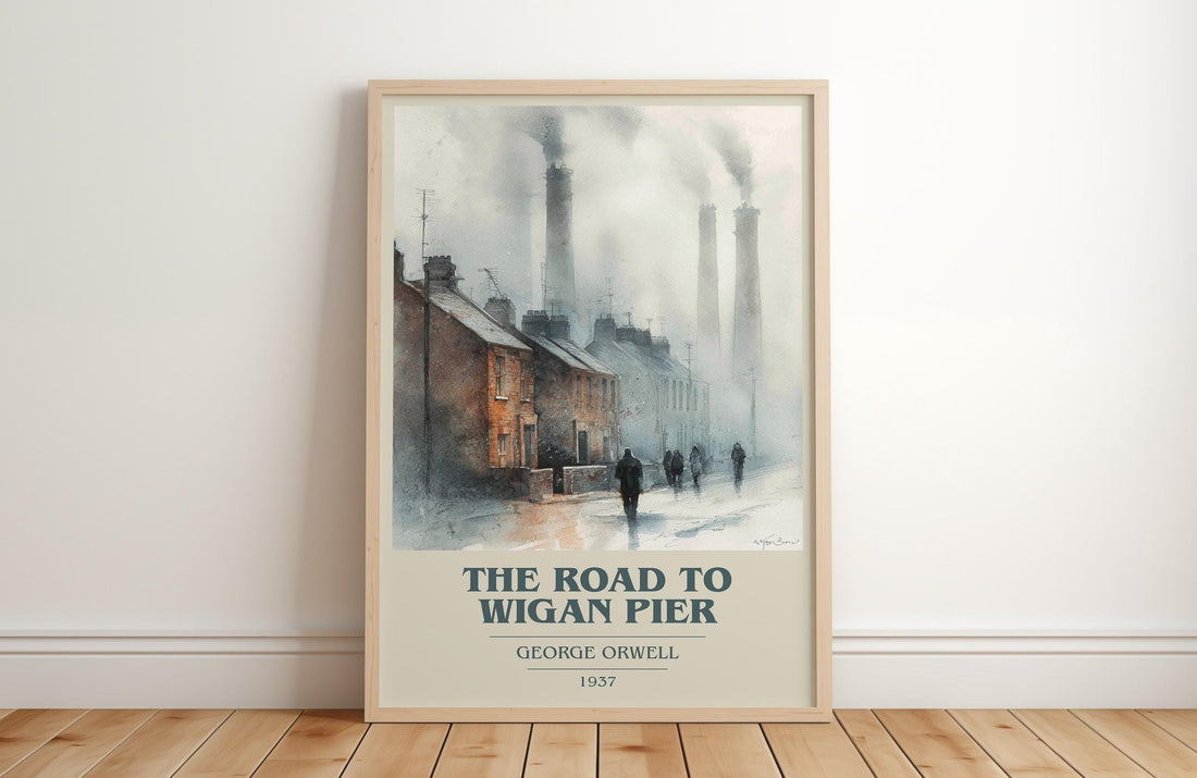 The Road to Wigan Pier book cover print in frame leaning in hallway – classic literature wall art (mockup)