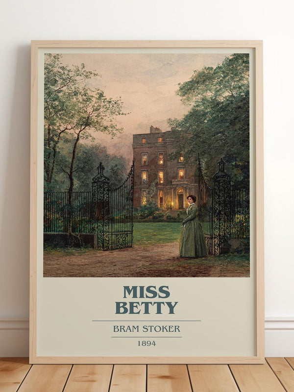 Miss Betty book cover print in frame leaning in hallway – adventure wall art