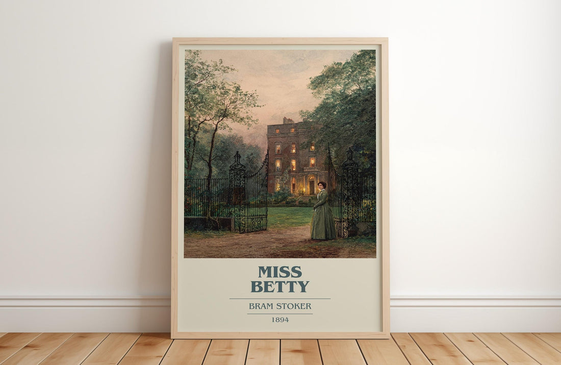 Miss Betty book cover print in frame leaning in hallway – adventure wall art (mockup)