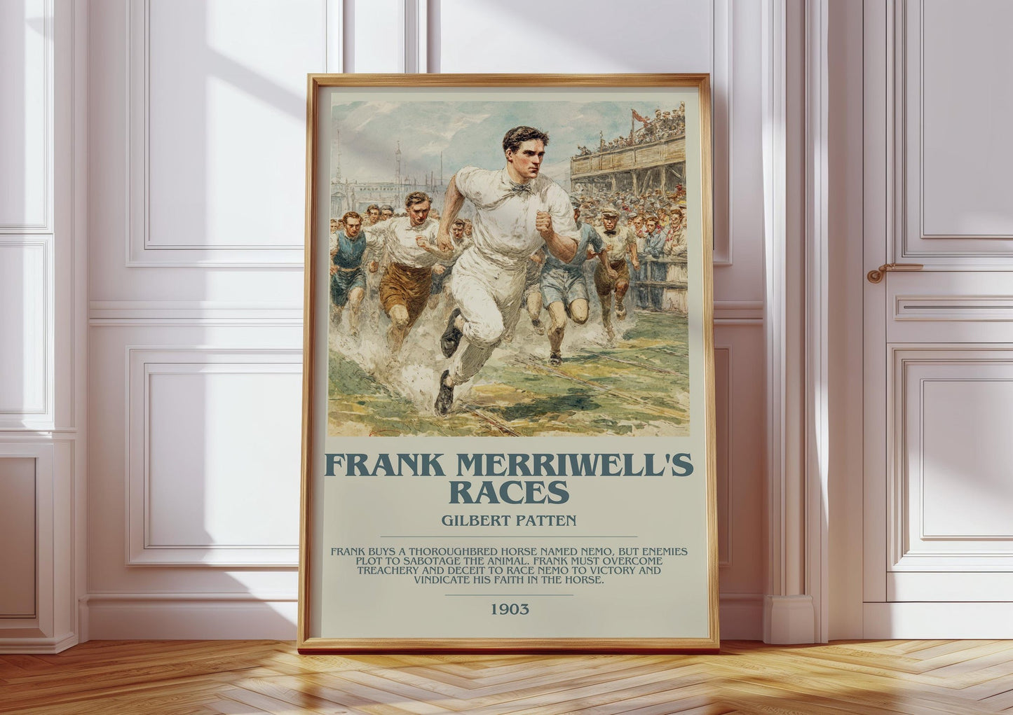 Frank Merriwell's Races bookish print in frame leaning in hallway – romance wall art
