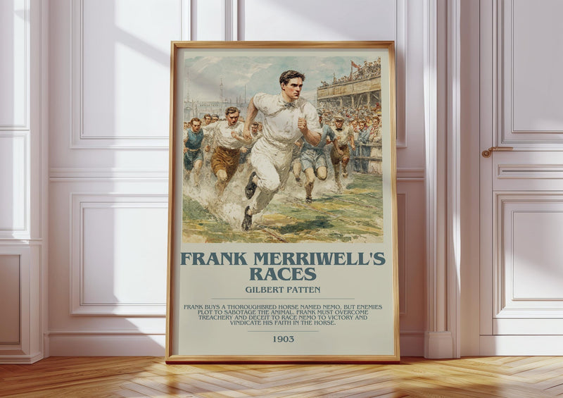 Frank Merriwell's Races bookish print in frame leaning in hallway – romance wall art