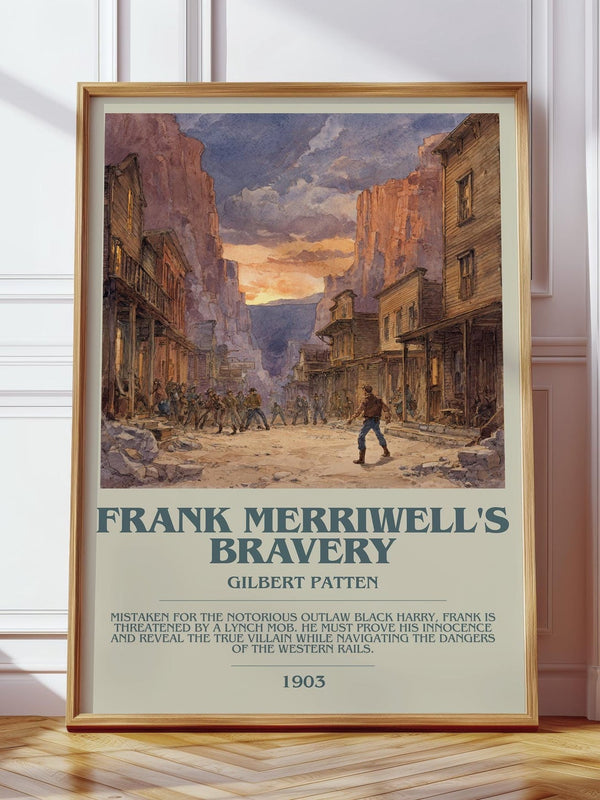 Frank Merriwell's Bravery bookish print in frame leaning in hallway – adventure wall art