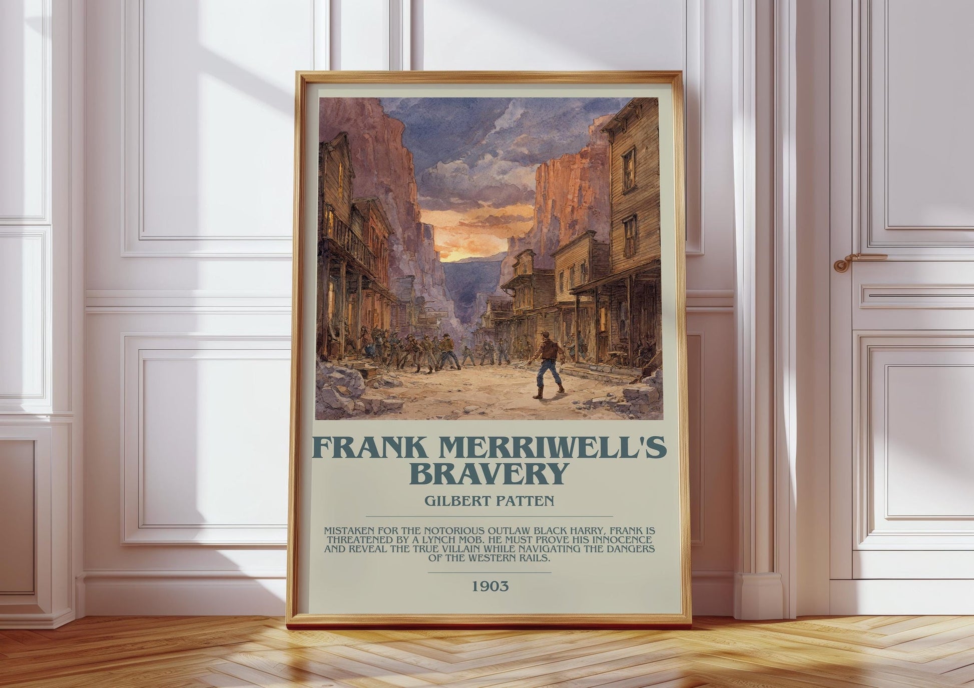 Frank Merriwell's Bravery bookish print in frame leaning in hallway – adventure wall art