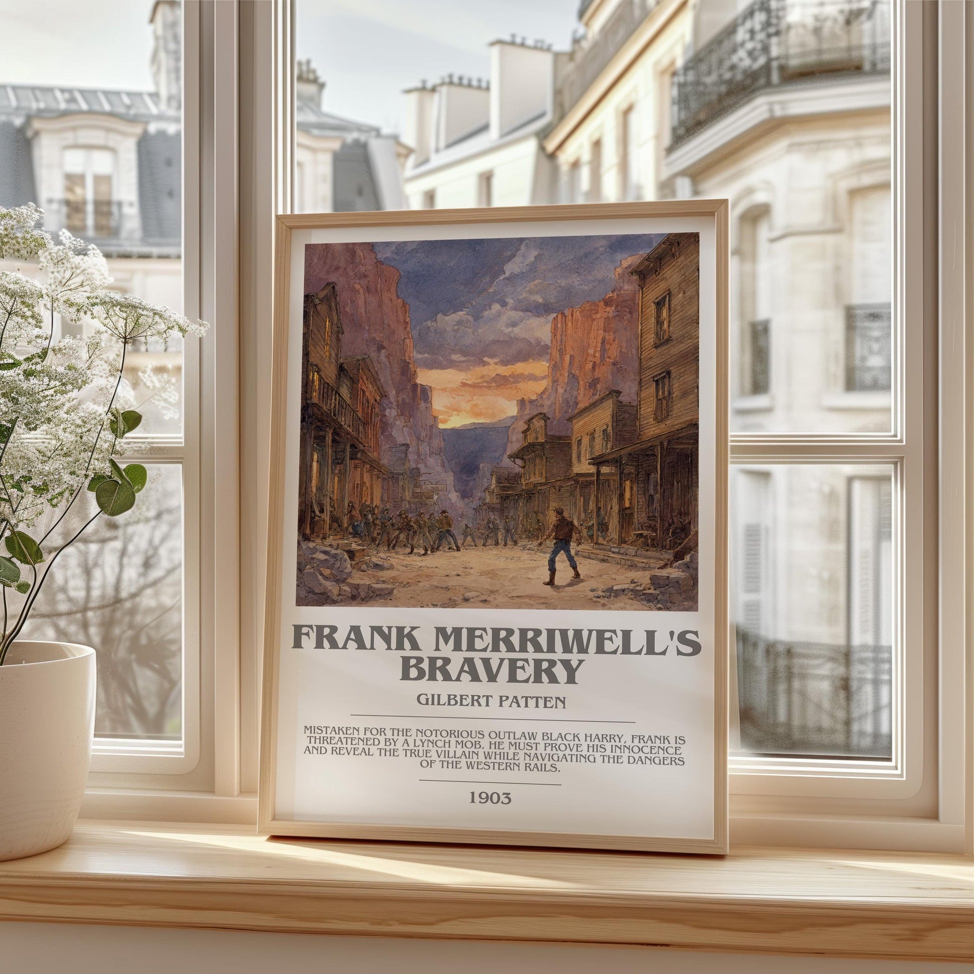 Frank Merriwell's Bravery bookish print framed by window – literary home decor