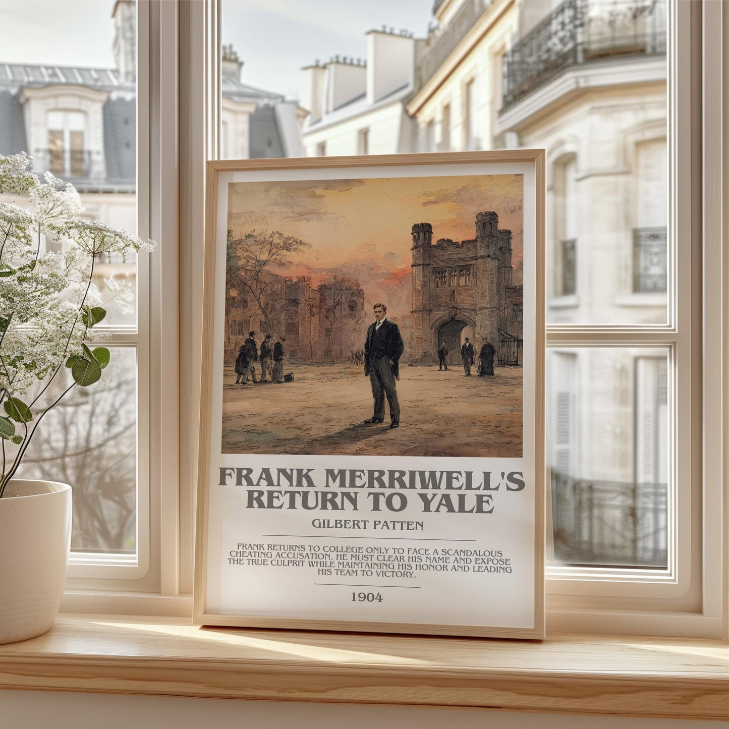 Frank Merriwell's Return To Yale bookish print framed by window – literary home decor