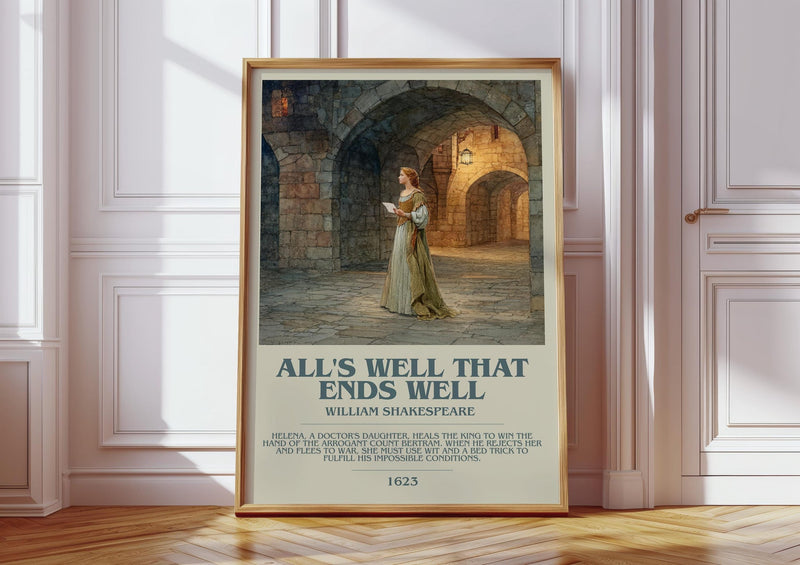 All's Well That Ends Well bookish print in frame leaning in hallway – adventure wall art