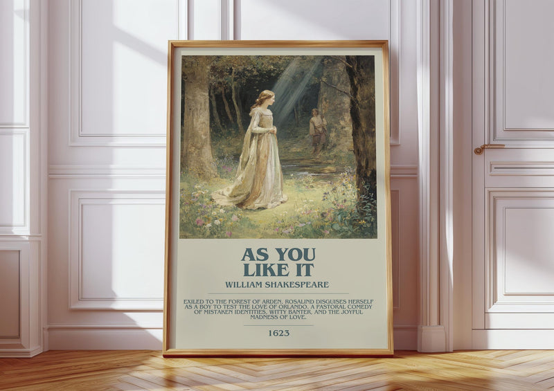 As You Like It bookish print in frame leaning in hallway – thriller wall art