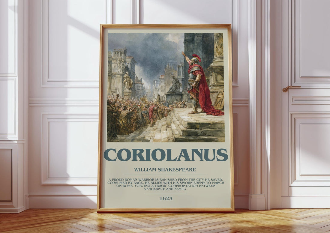 Coriolanus bookish print in frame leaning in hallway – classic literature wall art (mockup)