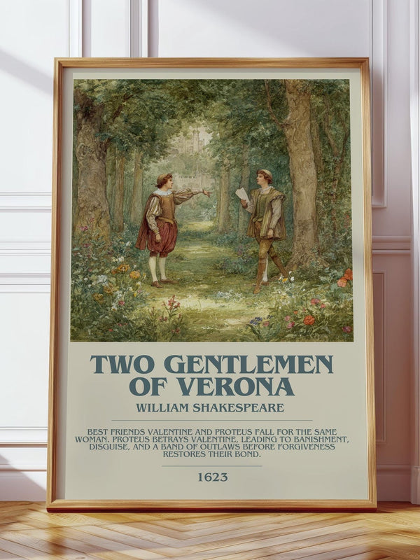 The Two Gentlemen of Verona bookish print in frame leaning in hallway – classic literature wall art