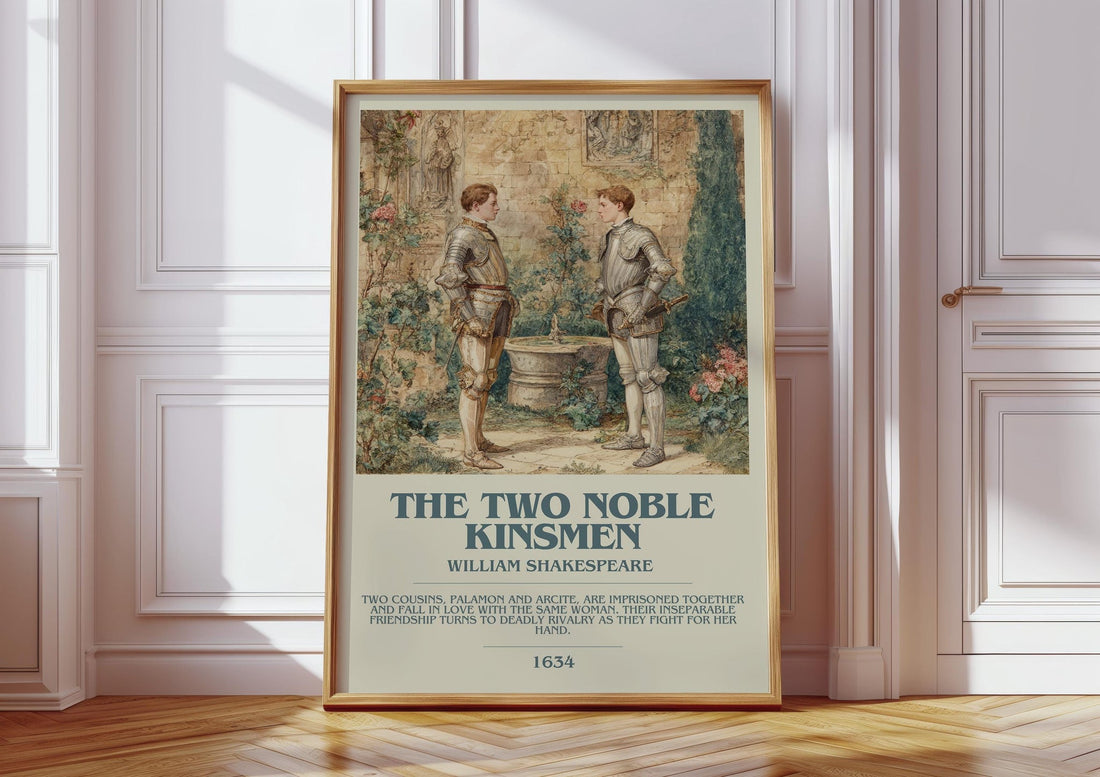 The Two Noble Kinsmen bookish print in frame leaning in hallway – classic literature wall art (mockup)
