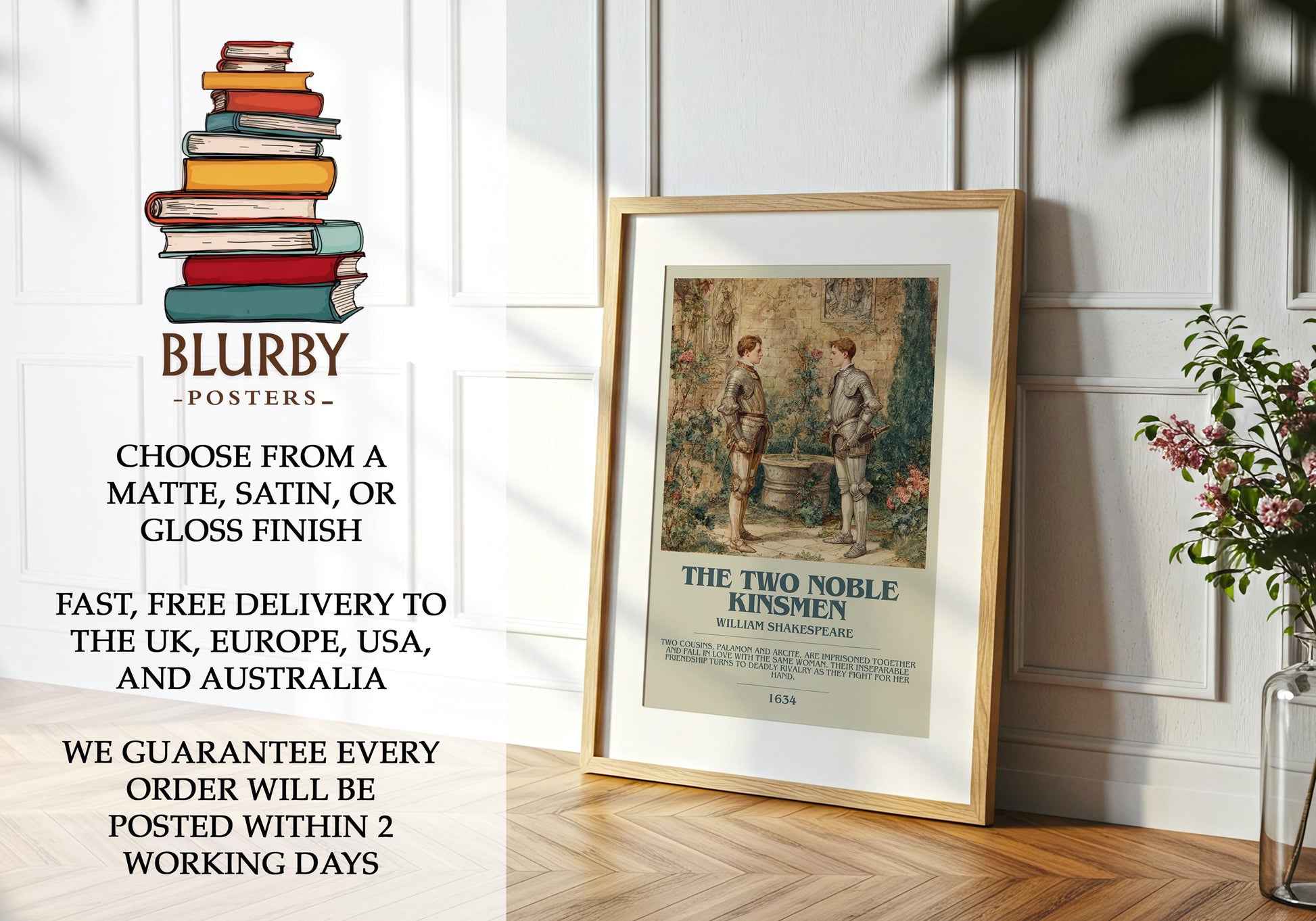 The Two Noble Kinsmen by William Shakespeare | Book Poster | Literary Art Gift For Book Lover | Novel Inspired Wall Art | Free Delivery
