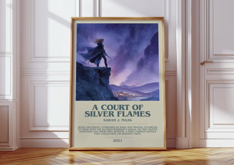 A Court Of Silver Flames bookish print in frame leaning in hallway – fantasy wall art