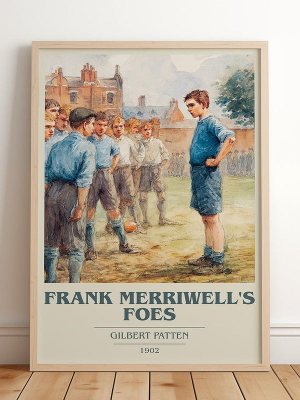 Frank Merriwell's Foes book cover print in frame leaning in hallway – adventure wall art