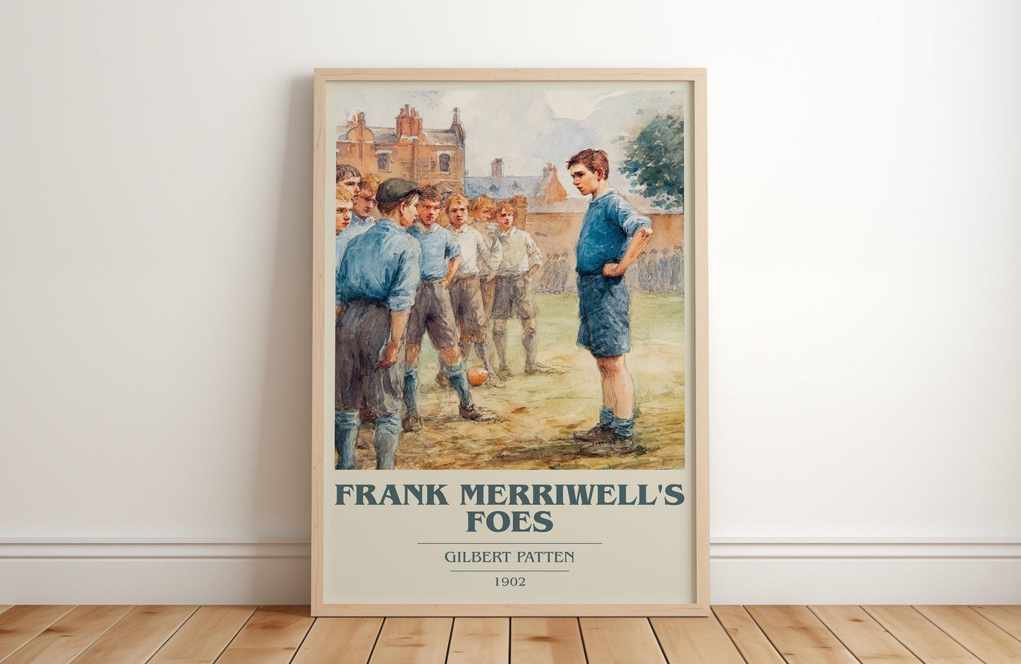 Frank Merriwell's Foes book cover print in frame leaning in hallway – adventure wall art
